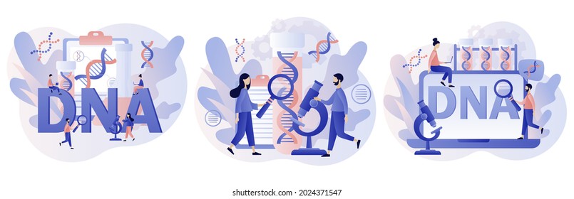 Genetic DNA Science. Tiny Scientists Investigating And Testing DNA In Laboratory. Big Gene Helix Sign. Lab Equipment. Modern Flat Cartoon Style. Vector Illustration On White Background