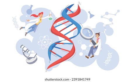 Concepto de Ilustración del Vector Científico del ADN Genético Muestra un grupo de científicos que investigan sobre la doble hélice del ADN, Adecuado para la página de inicio, ui, web, tarjeta de introducción de la aplicación, editorial, volante y banner.
