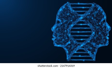 Prueba genética de ADN. Investigación del genoma humano. Una espiral con la cara de la gente.  Diseño poligonal de líneas y puntos interconectados. Fondo azul.