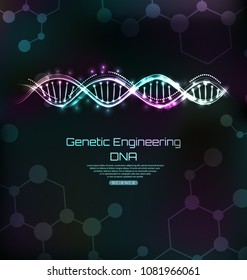 Genetic Engeneering Template, DNA Molecules Spiral, Glowing Banner - Illustration Vector