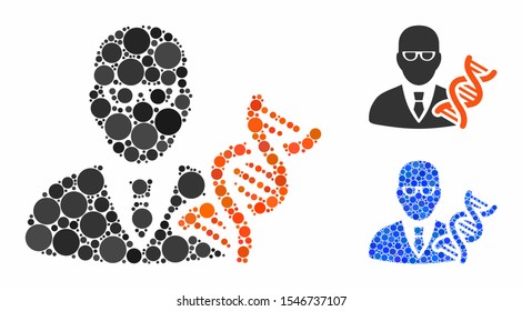 Genetic engineer composition of round dots in variable sizes and shades, based on genetic engineer icon. Vector round dots are organized into blue illustration.