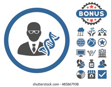 Genetic Engineer icon with bonus design elements. Vector illustration style is flat iconic bicolor symbols, cobalt and gray colors, white background.