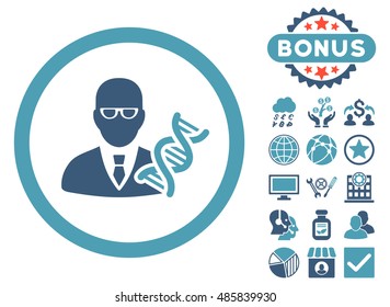 Genetic Engineer icon with bonus symbols. Vector illustration style is flat iconic bicolor symbols, cyan and blue colors, white background.
