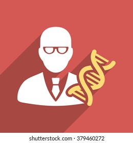 Genetic Engineer long shadow vector icon. Style is a flat light symbol with rounded angles on a red square background.