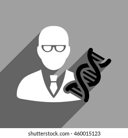 Genetic Engineer long shadow vector icon. Style is a flat genetic engineer black and white iconic symbol on a gray square background.