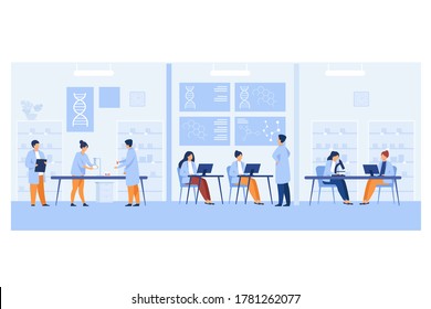 Genetic engineer scientists working in medical laboratory isolated flat vector illustration. Cartoon chemical specialists analyzing DNA. Science industry and clinical research concept