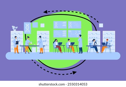 Científicos ingenieros genéticos que trabajan en laboratorios médicos aislaron Ilustración vectorial plana. Especialistas en química de dibujos animados que analizan el ADN. Industria de la Ciencia y concepto de investigación clínica