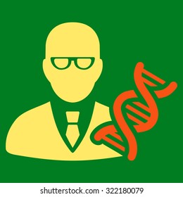 Genetic Engineer vector icon. Style is bicolor flat symbol, orange and yellow colors, rounded angles, green background.