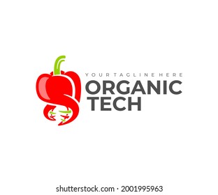 Genetic engineering, bell pepper and DNA, logo design. Organic technology, vegetable, food and meal, vector design and illustration