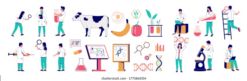 Genetic engineering character set, vector flat isolated illustration. Biotechnology lab technicians, scientists with equipment, genetically modified animals and food. Genetic modification technology.