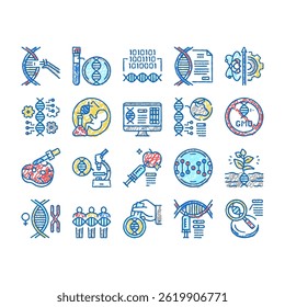 Genetic Engineering Collection doodle icons set vector. Animal Human, Fruit Meat Gmo Food, Chemical Laboratory Research Development Genetic sketch hand drawn