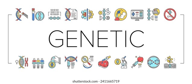 Genetic Engineering Collection Icons Set Vector. Animal And Human, Fruit And Meat Gmo Food, Chemical Laboratory Research And Development Genetic Concept Linear Pictograms. Contour Color Illustrations