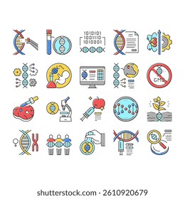Genetic Engineering Collection Icons Set Vector. Animal And Human, Fruit And Meat Gmo Food, Chemical Laboratory Research And Development Genetic Concept Linear Pictograms. Contour Color Illustrations