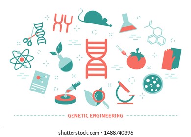 Genetic engineering concept. Biology and chemistry experiment. Invention and innovation in medicine. Futuristic technology. Collection of colorful icons. Isolated flat vector illustration