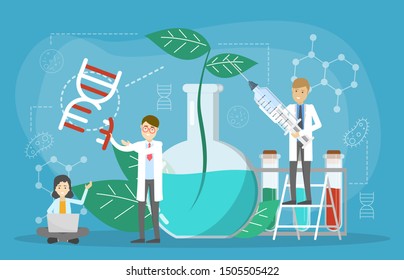 Genetic engineering concept. GMO food. Biology and chemistry experiment. Invention and innovation in medicine. Futuristic technology and scientist. Vector illustration in cartoon style