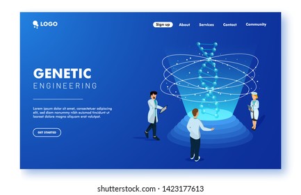 Genetic Engineering concept landing page design. DNA nanotechnology biochemistry and human genome engineering.