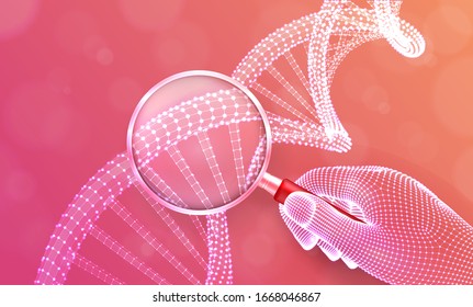 Genetic engineering concept with magnifier in hand and DNA sequence. Wireframe DNA molecules structure mesh. DNA code editable template. Science and biotechnology concept. Vector illustration.
