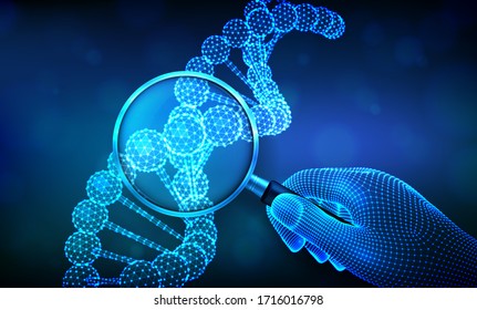 Genetic engineering concept with magnifier in hand and DNA sequence. Wireframe DNA molecules structure mesh. DNA code editable template. Science and biotechnology concept. Vector illustration.