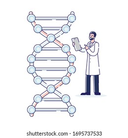 Genetic Engineering Concept. Professional Scientist Researching Of Molecule DNA Structure. Pharmaceutical Biochemistry And Scientific Research. Cartoon Linear Outline Flat Style Vector Illustration