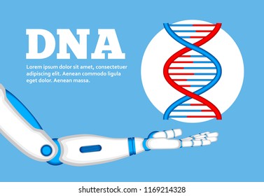 Genetic engineering concept with robot hand. Robotic technologies in microbiology. Modern genetic science and biotechnology vector illustration
