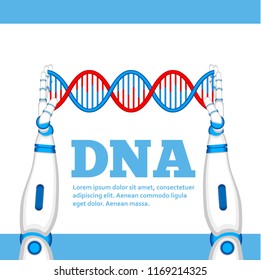 Genetic engineering concept with robot hands. Robotic technologies in microbiology. Modern genetic science and biotechnology vector illustration