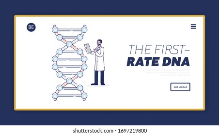 Genetic Engineering Concept, Scientific Research. Website Landing Page. Professional Scientist Researching Of Molecule DNA Structure. Web Page. Cartoon Linear Outline Flat Style Vector Illustration