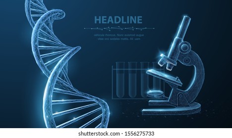 Genetic engineering concept. Vector 3d dna molecule helix spiral model and microscope. Dna lab test, microbiology science, biotechnology, innovation technology, gene life research, medical experiment
