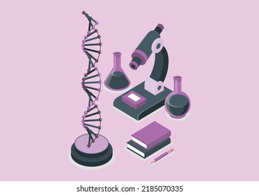 Genetic engineering concept. Vector 3d DNA molecule helix spiral model and microscope. DNA lab test, microbiology science, biotechnology, innovation technology, gene life research, medical experiment