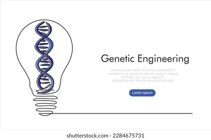 Ingeniería genética. Un dibujo continuo de la idea de la bombilla de luz y del ADN en el interior. Se puede usar para logotipo, emblema, presentación de diapositivas y banner. 