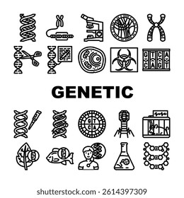 genetic engineering crispr gene icons set vector. genome, editing, biotechnology dna, mutation, cloning transgenic, recombinant genetic engineering crispr gene black contour illustrations