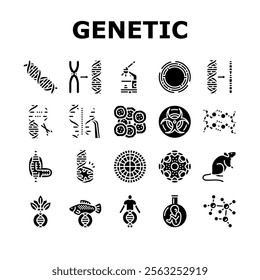 genetic engineering crispr genome icons set vector. dna editing, biotechnology genes, mutation cloning, transgenic bioinformatics genetic engineering crispr genome glyph pictogram Illustrations