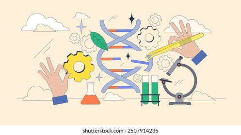 Genetic engineering as DNA sequencing and editing tiny neubrutalism concept. Biotechnological process with gene cloning and research vector illustration. Scientific helix genome structure research.