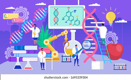 Genetic engineering dna vector illustration. Cartoon flat tiny geneticist people work in laboratory, engineer character changing human genome. Biotechnology research, biochemistry concept background
