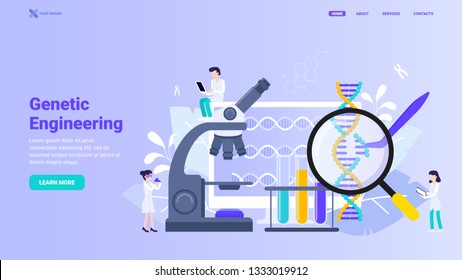 Genetic engineering, gene manipulation, bio technology and chemistry concept. Innovative dna research tools. Flat vector illustration for web design, banner, hero image. Landing page design concept.