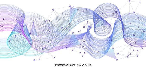 Genetic engineering and gene manipulation concept vector illustration. DNA spiral, DNA strand, molecule or atom, neurons. Abstract structure for scientific tech background. Wave flow, network nodes