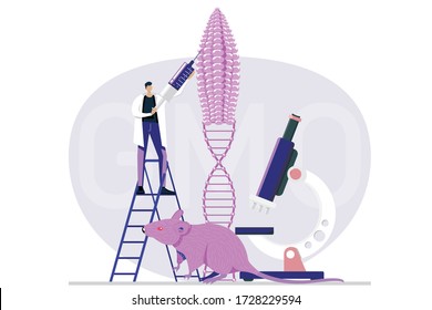 Genetic engineering. Genetically modified foods, GM foods. Food additives. Genetically engineered foods concept. DNA recombination.  Flat vector illustration