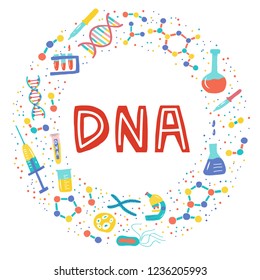 Genetic Engineering. Genome research. Genome sequencing. Helix DNA, microscope, chromosome, test tubes, DNA analysis. A set of elements on a medical theme for a poster, article, banner, advertising