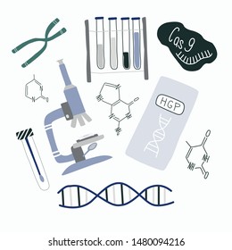Genetic engineering and genome sequencing set of isolated elements: helix DNA, microscope, chromosome, test tubes, nucleotides, cas9 RNA. Doodle vector illustration.
