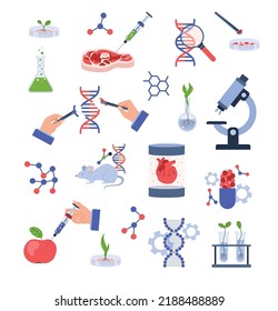 Genetic engineering icons set, flat vector illustration isolated on white background. Collection of scientific icons - DNA helix, microscope, GMO plants and synthetic meat.