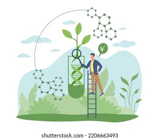 Genetic engineering, improvement of biogelix. Tiny scientist man with huge test tube, study, modify and control biological system. Medical biological engineering. Vector cartoon concept