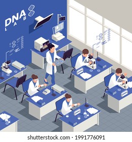 Genetic Engineering Isometric Background With DNA Lab Symbols Vector Illustration