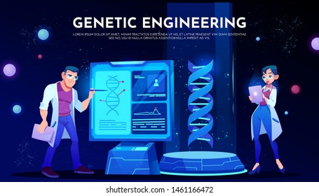 Genetic engineering landing page, couple of scientists in white robes study dna on screen, hologram projection on ski-fi podium, neon glowing futuristic background. Cartoon vector illustration, banner