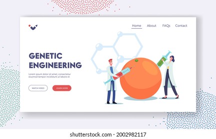 Genetic Engineering Landing Page Template. Genetically Modified Food Experiment in Lab. Tiny Scientist Characters Inject Liquid for DNA Modification in Huge Orange. Cartoon People Vector Illustration