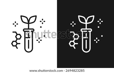 Genetic Engineering Line Art Icon, Plant Growth in Test Tube with DNA Structure, Minimalist Vector Graphic for Biotechnology, Agri-Science, and Lab Research, Modern Innovation Symbol, Black and White 