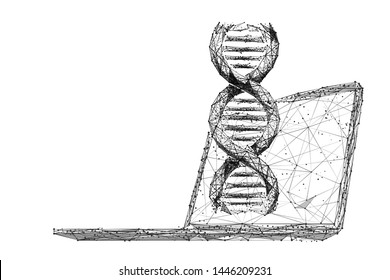 Ilustración del modelo de alambre de bajo nivel de ingeniería genética. Espiral de ADN 3D y computadora en blanco. Biotecnología poligonal y tecnología médica: arte en malla. Molécula doble helix, análisis genético