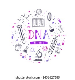 Genetic engineering and medical research vector infographic concept.  DNA helix, genome testing elements. Chemical laboratory illustration