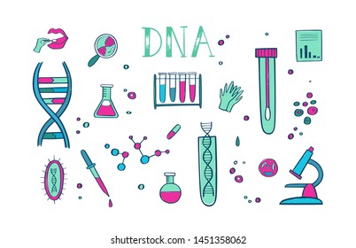 Genetic engineering and medical research vector background.  DNA helix, genome testing elements. Chemical laboratory concept