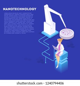 Genetic engineering and nanotechnology concept. Biology and chemistry experiment. Invention and innovation in medicine. Futuristic technology. Vector isometric illustration