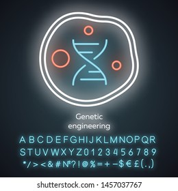 Genetic engineering neon light icon. Genes manipulation using biotechnology. Living body cell. Genome modification. Glowing sign with alphabet, numbers and symbols. Vector isolated illustration