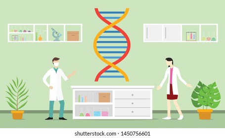 genetic engineering on the laboratory with team people doctor and scientist with modern flat style - vector